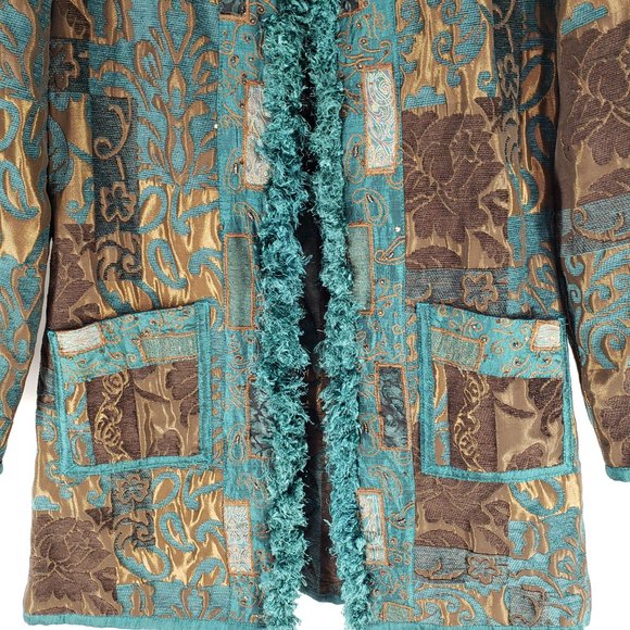 Yak Magik Teal Brown Open Front Silk Blazer Jacket Size Small - Picture 6 of 16